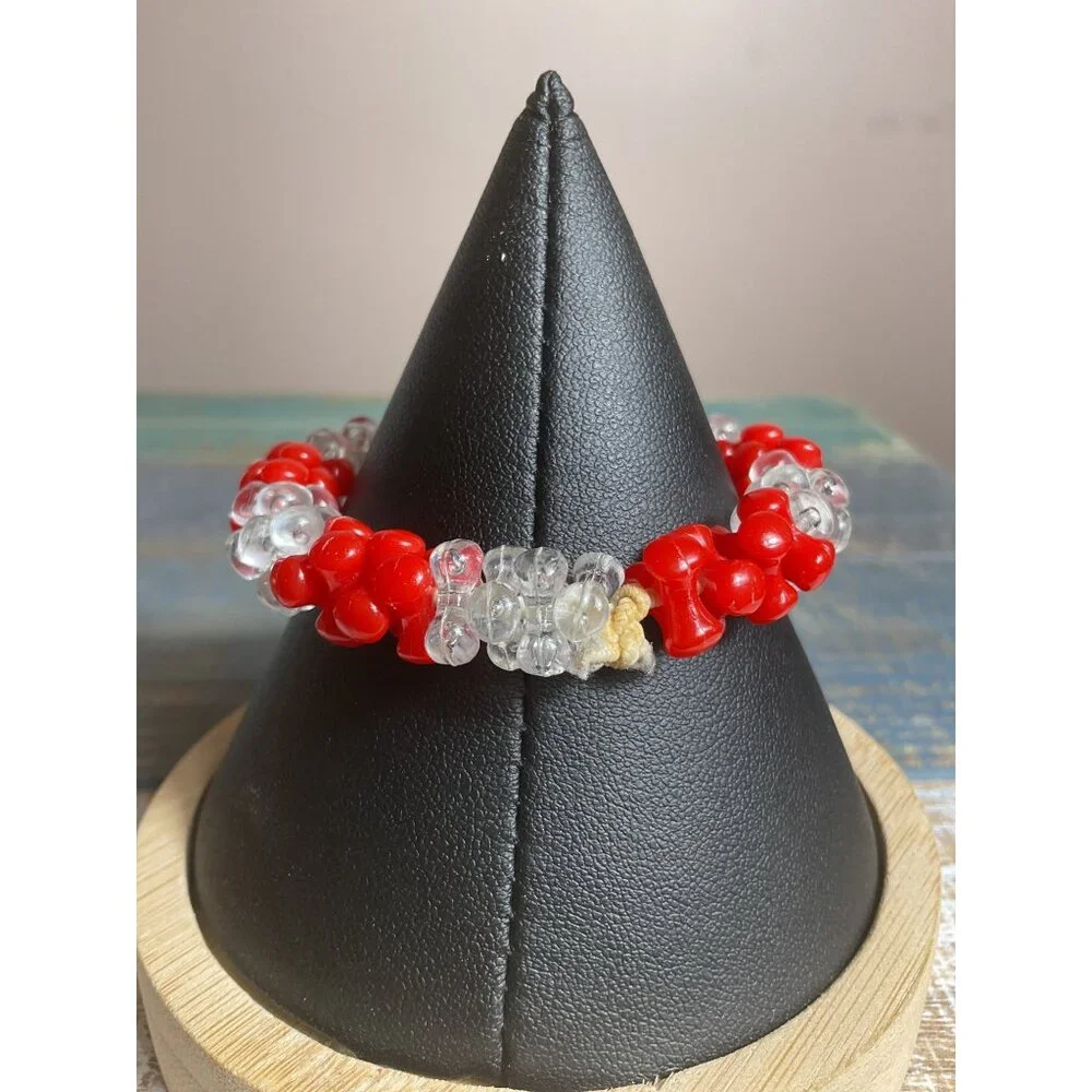 Beaded Bracelets Set Of 3 With Red Lucite Smiley Face & Flower Design